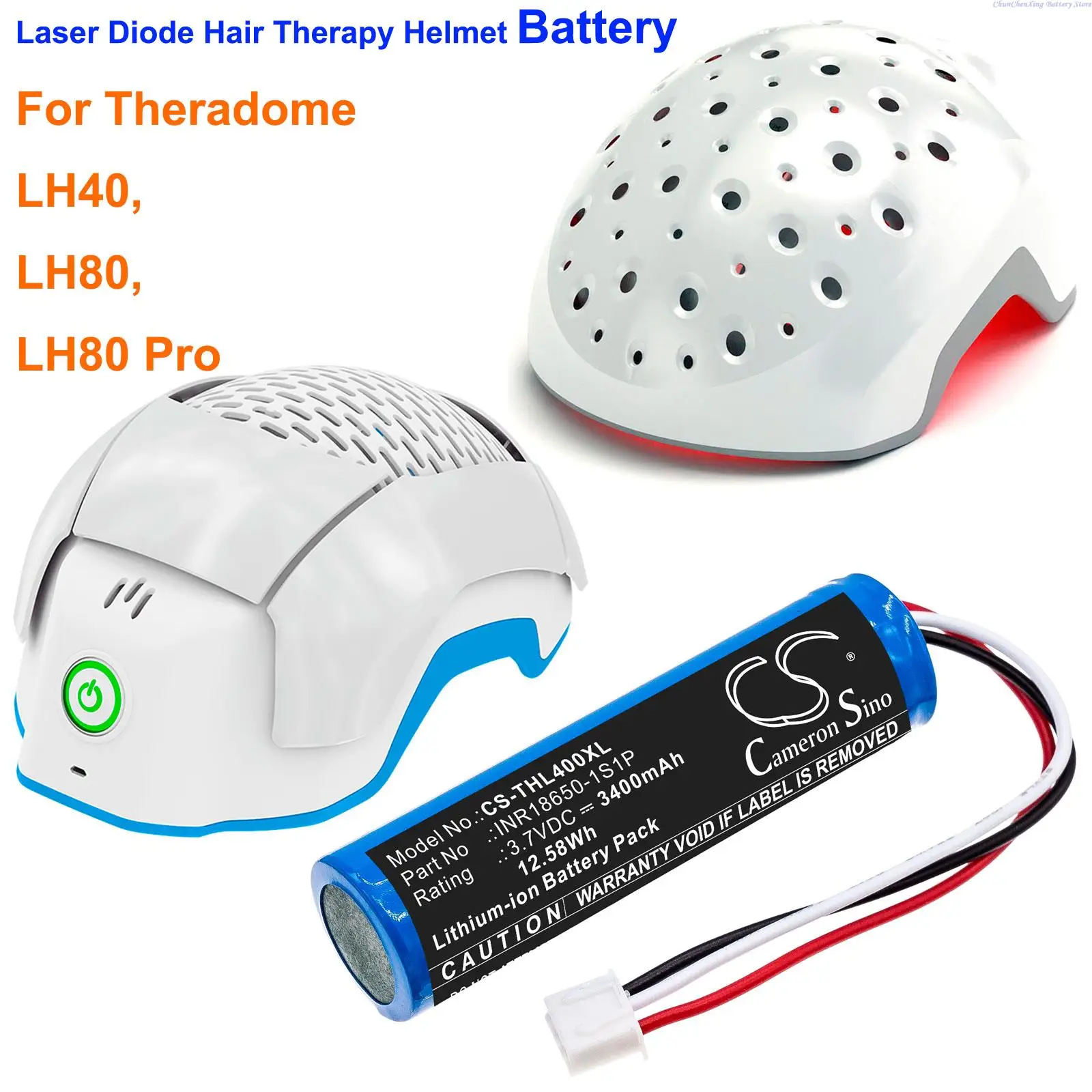 Cameron Sino 3400mAh Laser Diode Hair Therapy Helmet battery INR18650-1S1P for Theradome LH40, LH80, LH80 Pro