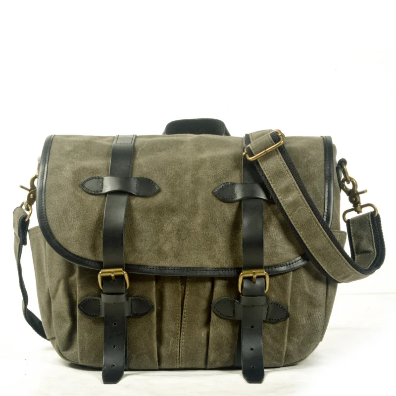 

Vintage motorcycle bag made of cowhide and waxed canvas, messenger bag, crossbody bag, handbag, large-capacity American-style co