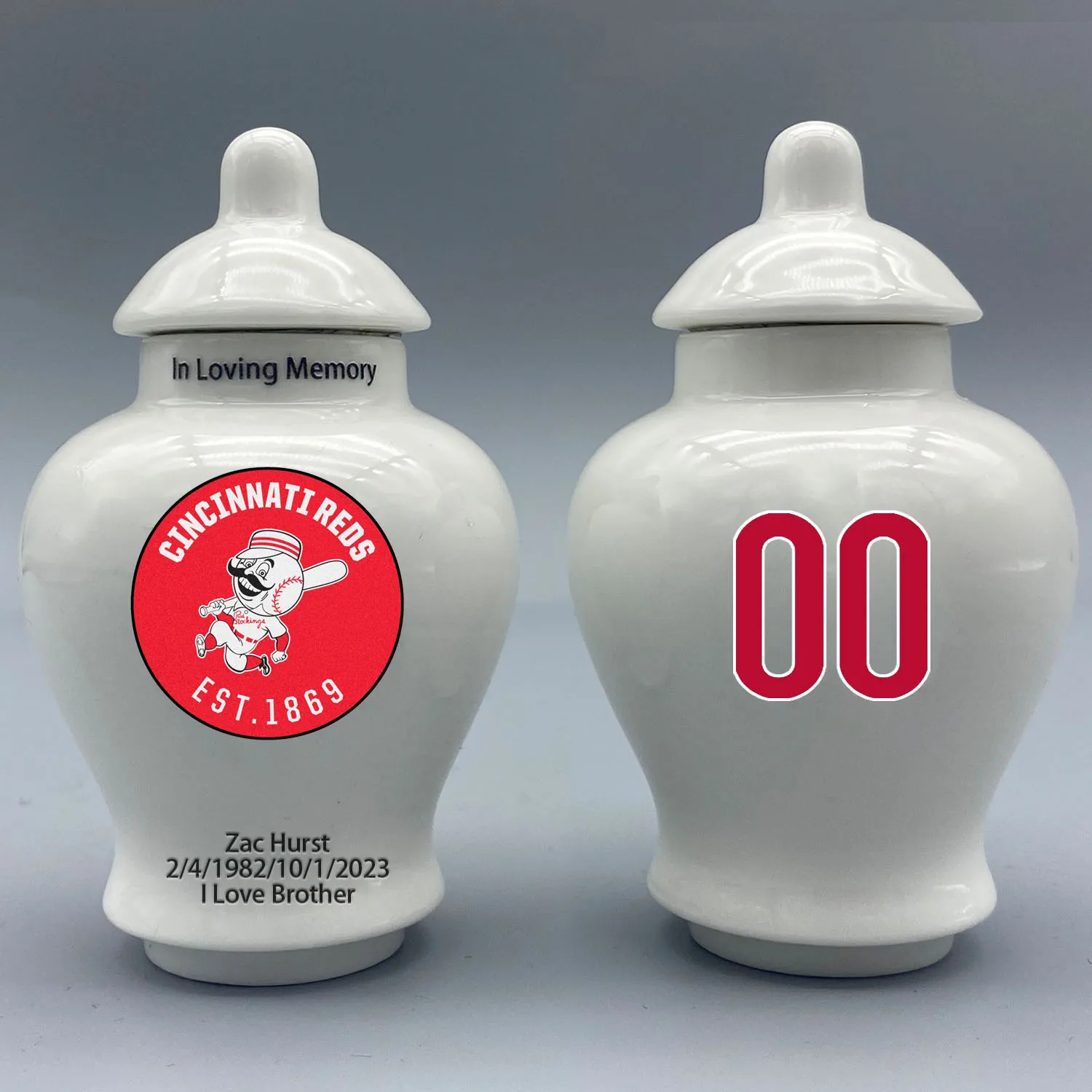 

Mini Urn for Cincinnati Reds-Baseball themed.Please send me the customization information - name/date and number on the urn