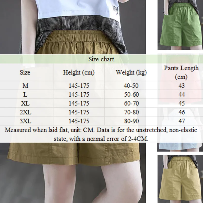 Women's Casual Loose Shorts Summer High Waist Elastic Cotton Wide Leg Five-Quarter Length Trousers Breathable Pocket Short Pant
