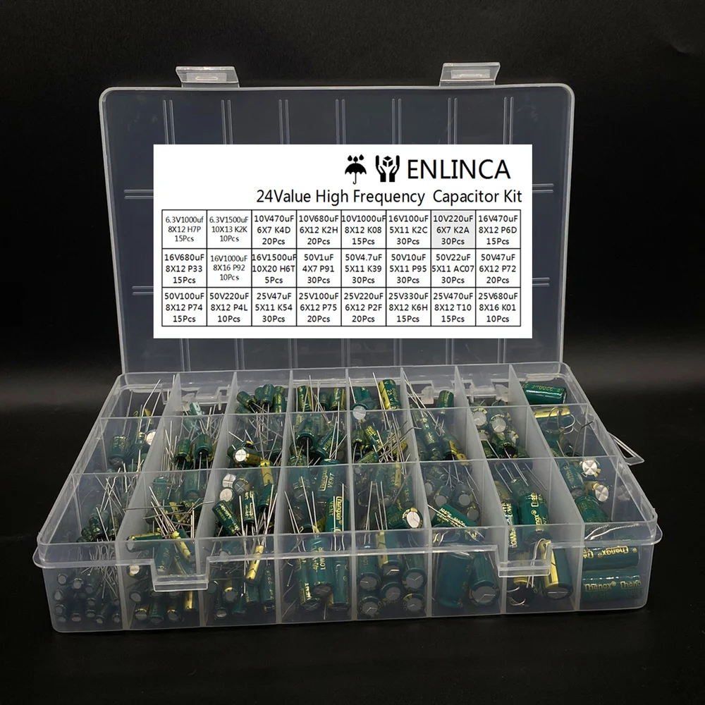 

460Pcs/Box Capacitor Kit 1UF-1500UF 24Values Aluminum Electrolytic Capacitors 6.3V-50V Capacitors Assorted Box Kit Low ESR