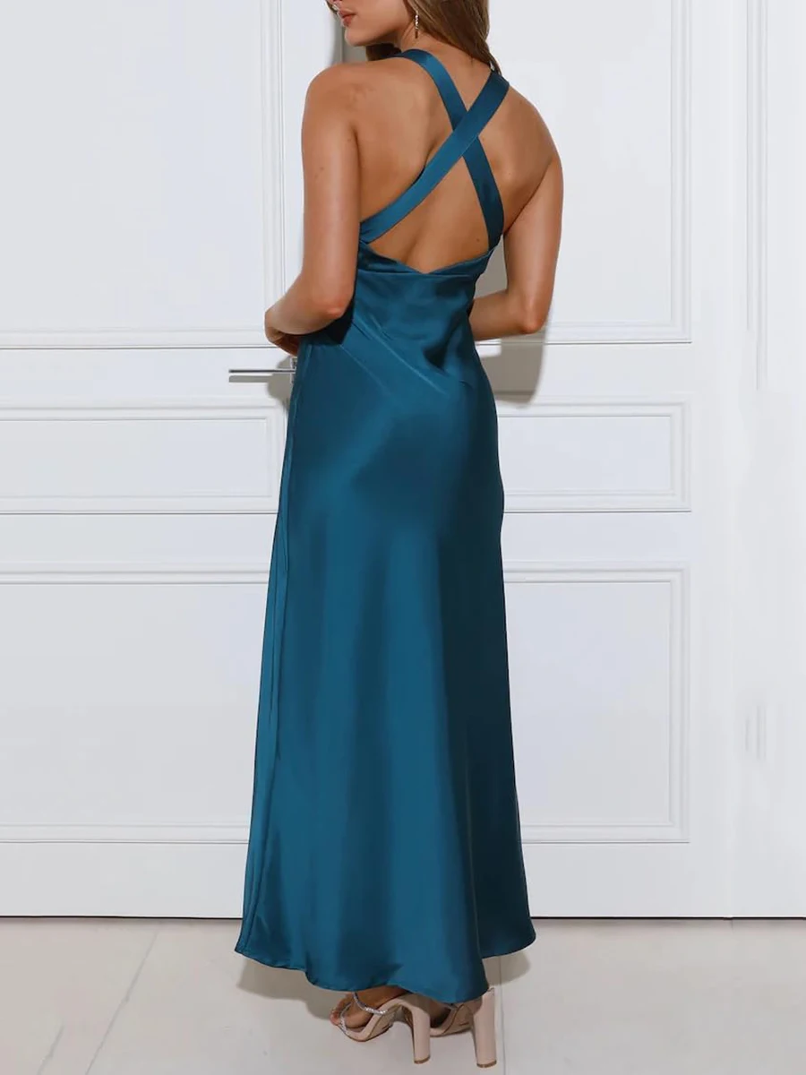 Seidensatin-Kleid für Damen, rückenfrei, sexy Maxi-lange Abendkleider, elegante Party, Geburtstag, V-Ausschnitt, Robe für Hochzeitsgäste, Damen