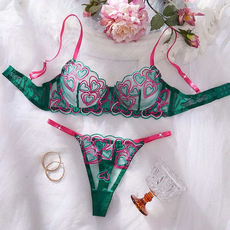 

Sexy Lingerie Heart Embroidered Bra Panty Set Women Contrast Color Mesh Underwear See Through Intimates Romantic Erotic Lingerie
