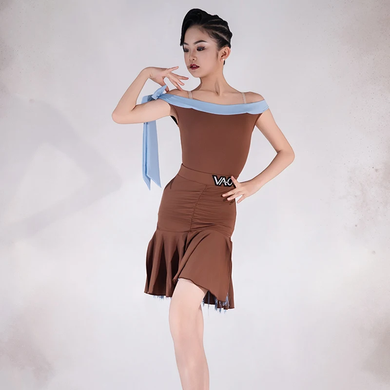 Costume de danse latine café pour filles, vêtements de Performance d'été pour enfants, Cha Cha Rumba, vêtements de scène, jupe à volants, ensemble XH2551, nouvelle collection 2025