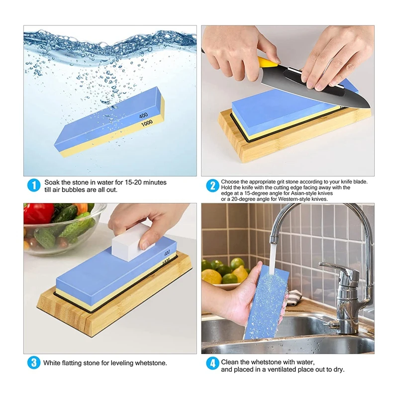 ABXF-Knife Sharpening Stone Kit, 4 Side Grit 400/1000 3000/8000 Whetstone, Professional Whetstone Knife Sharpener Set