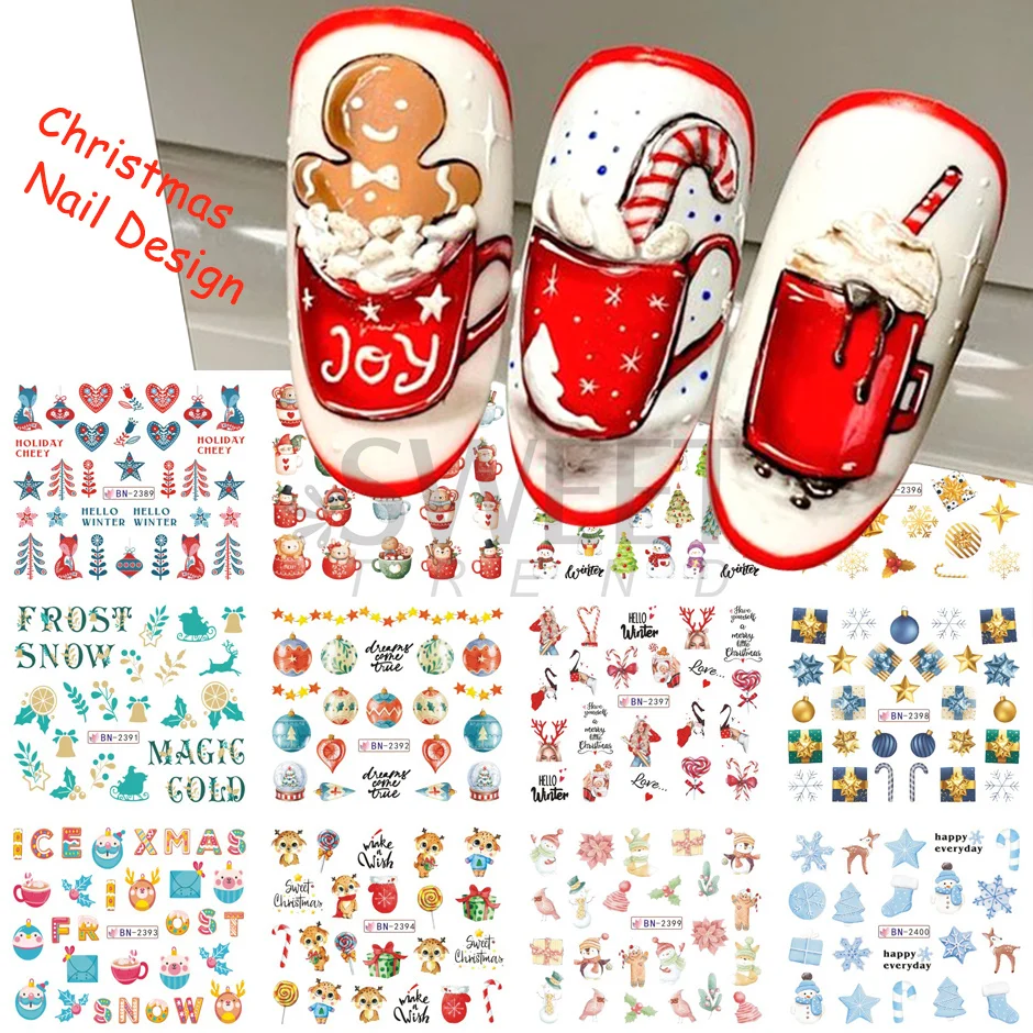 12pcs Mixed Nail Stickers Set Cute Water Decals Winter Christmas Halloween Nails 2022 Design Manicure Decoration SABN2389-2400