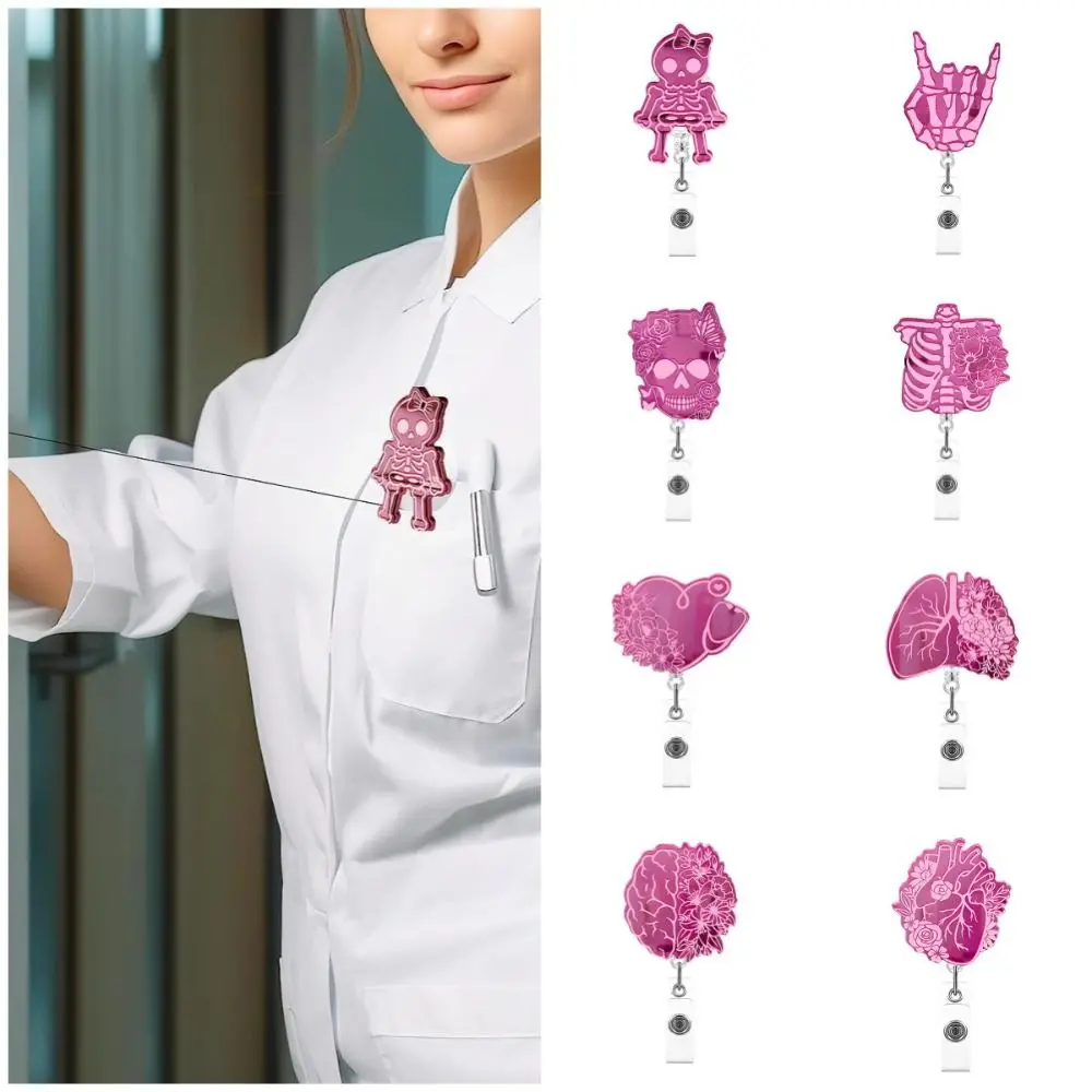 

Pink Nurse Retractable Badge Reel Acrylic ID Card Clips Name Card Holder 360 Rotating Alligator Clip Skull Hospital Badge Holder