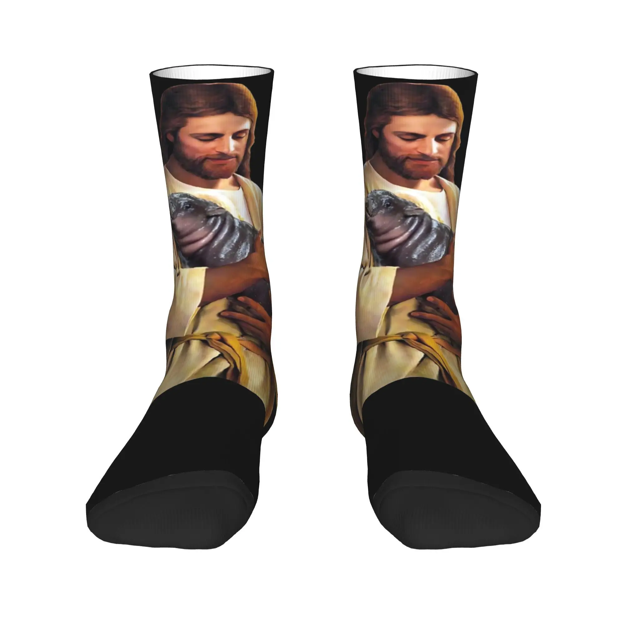 Jesus Carrying Moo Deng Printed Crew Socks Accessories for Casual Wear Sweat Absorbing Hippo Baby Animals Print Socks