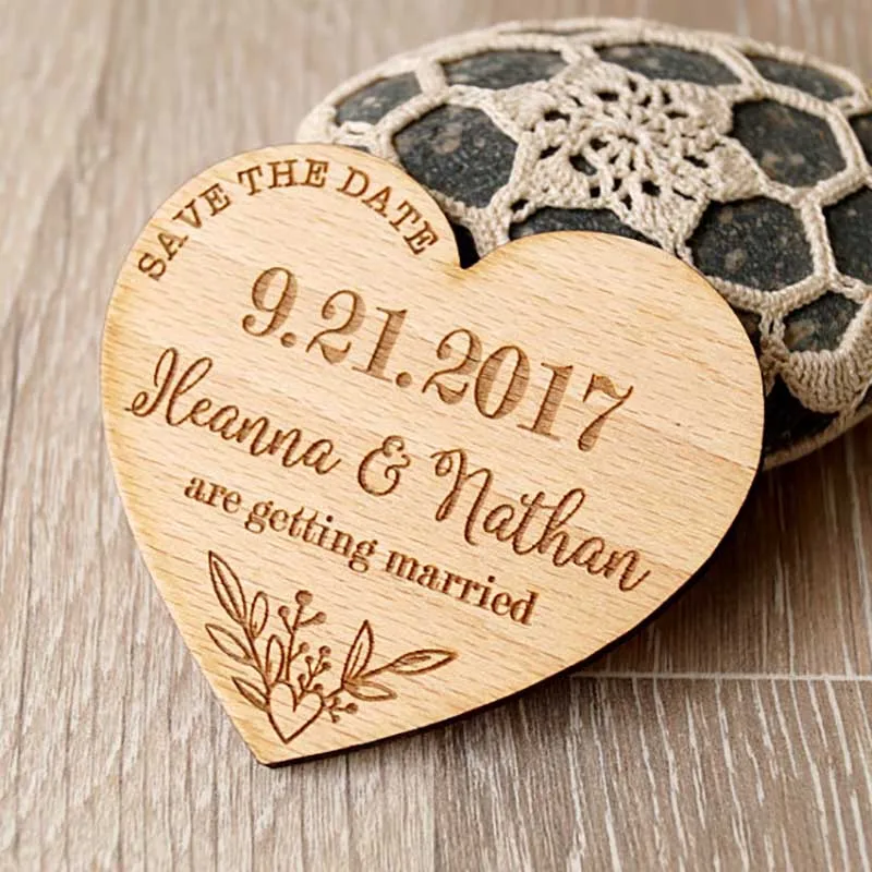 

Customized hearts Bride Groom names wooden Wedding Save the Date Magnets engagement party favors company gifts