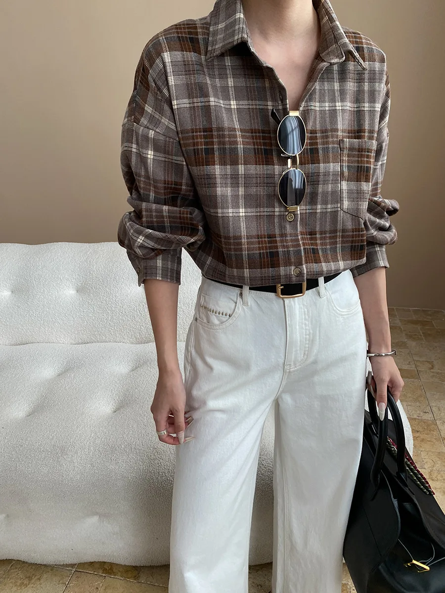 Amerikaans lui casual revers los en veelzijdig geruit overhemd met lange mouwen