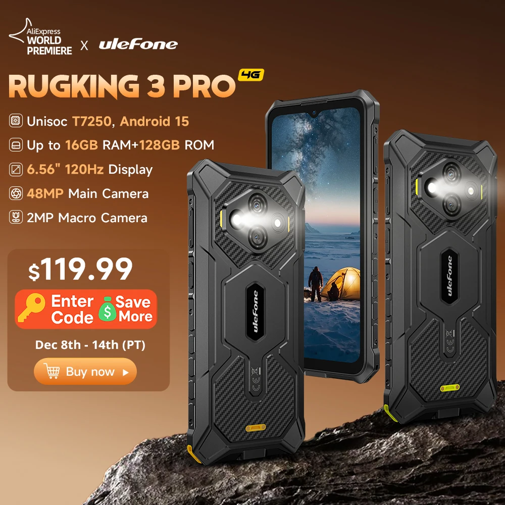 【Мировая премьера】Защищённый телефон Ulefone RugKing 3 Pro с экраном 6,56 дюйма, частотой обновления 120 Гц, аккумулятором 5700 мАч, Android 15, ОЗУ до 16 ГБ, ПЗУ до 128 ГБ, NFC, 4G, глобальный 【Мировая премьера】Защищённый телефон Ulefone RugKing 3 Pro с экраном 6,56 дюйма, частотой обновления 120 Гц, аккумулятором 5700 мАч, Android 15, ОЗУ до 16 ГБ, ПЗУ до 128 ГБ, NFC, 4G, глобальный