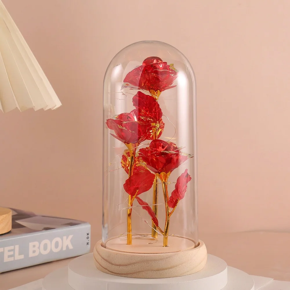 Führte Valentinstag Geschenk für Freundin ewige Rose Licht 24 Karat Goldfolie Blume in Glas abdeckung Muttertag Hochzeit Brautjungfer Geschenk