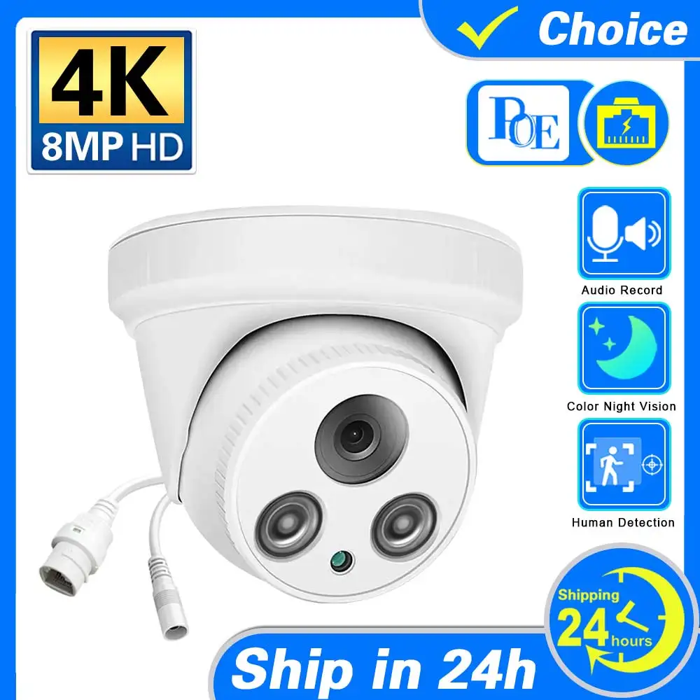 Original 4K Color IP Camera 8MP ColorVu Night Vision CCTV POE Dome Camera 24/7 Colorful Image Built-in Mic Audio IP67 Waterproof