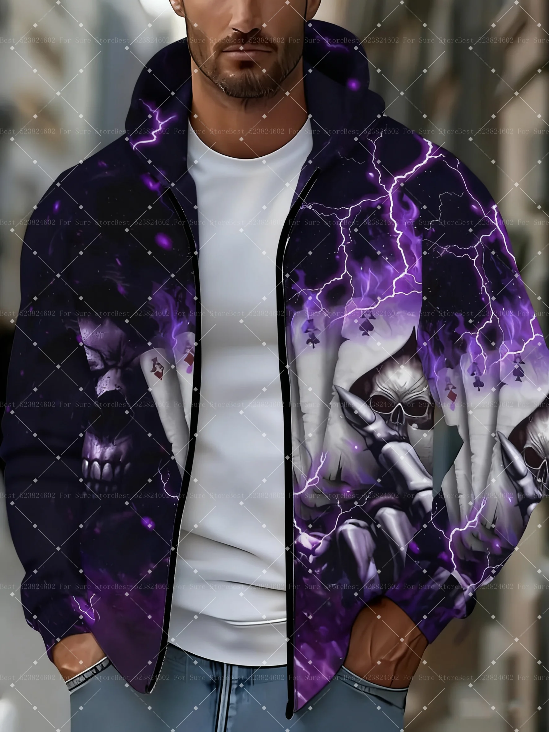 سترة رجالية مقاس كبير ثلاثية الأبعاد مطبوعة بسحاب كامل مع جمجمة قوطية أرجوانية البرق ملابس علوية شديدة التحمل سترة نسائية بغطاء للرأس للأطفال #1