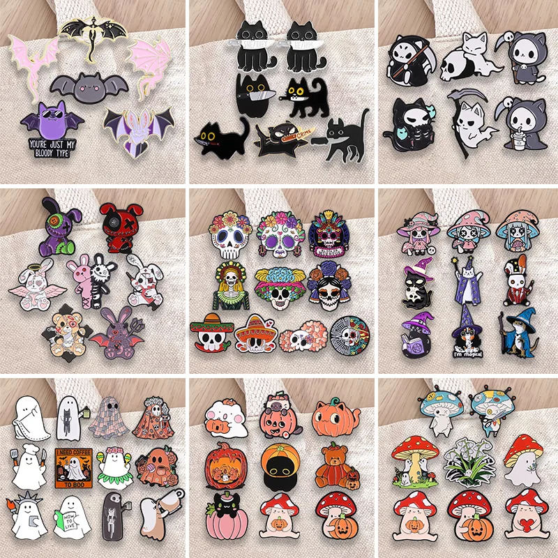 6-12pcs/set Halloween Enamel Badges Dark Skeleton Ghost Horror Movies Killer Grim Reaper Mushroom Brooches Jewelry Gifts