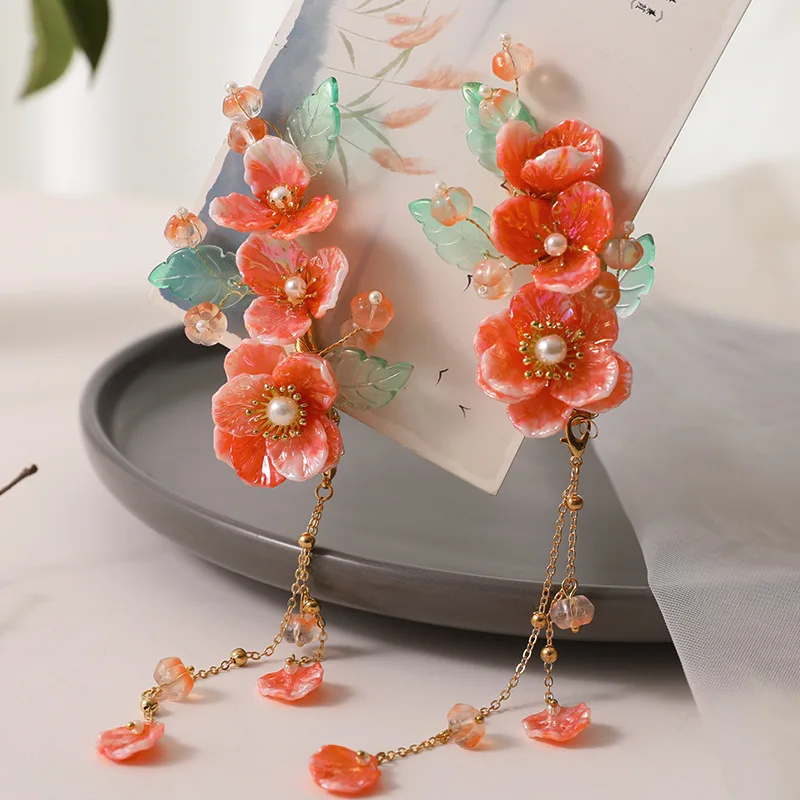 New Original Antique Fresh Tassel Hairpin Flower Glass Edge Clip Ancient Han Suit Women Hair Accessories