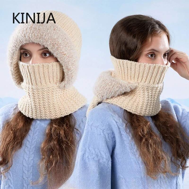 Ski-Radsport-Maske, Sturmhaube für Damen, Winter, warme Strickmütze mit Schal, Halswärmer, verdicktes Fleece-Futter, Schädeldecke, All-in-One