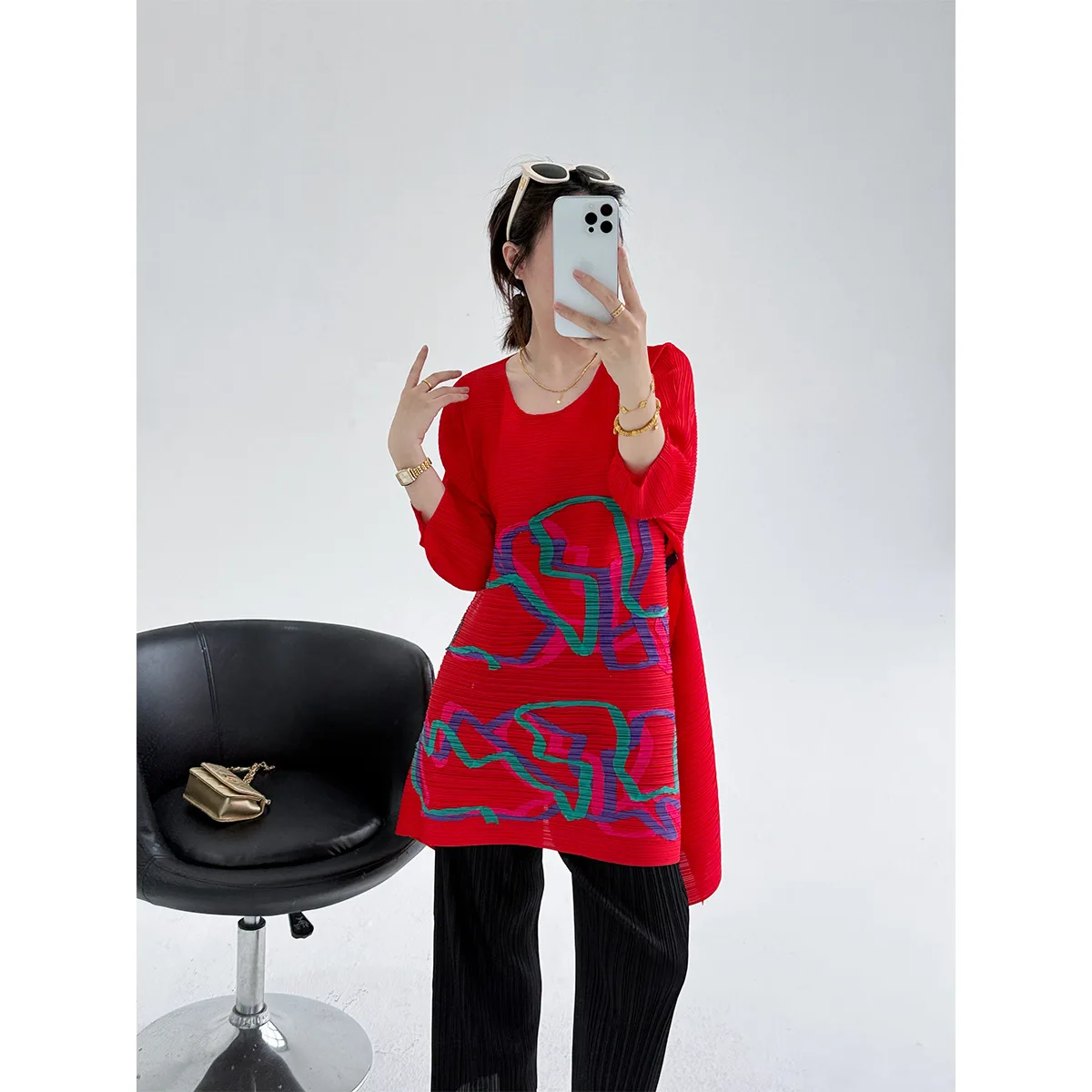 

Miyake Pleated Print T-Shirt Mid-Length 2026 Summer New Color-Block Loose Top Women Patchwork Pleats Slim Fit Versatile T-Shirt
