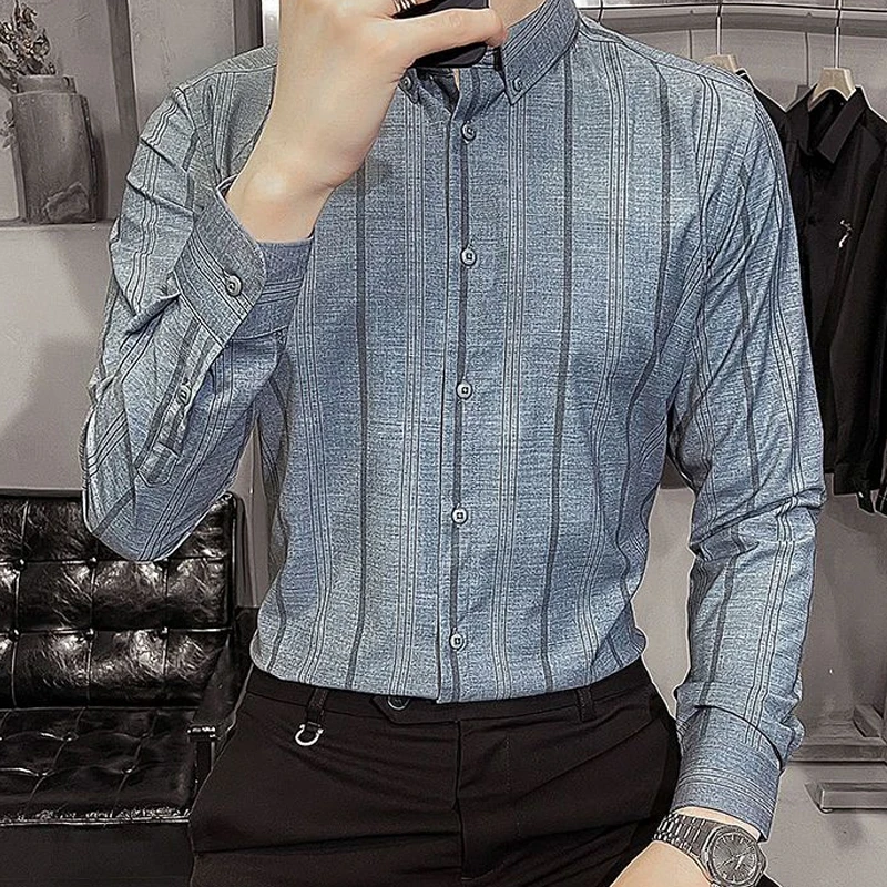 Camisas holgadas informales de negocios a la moda para hombres, ropa Formal de manga larga con cuello vuelto y botones a rayas, cómoda para