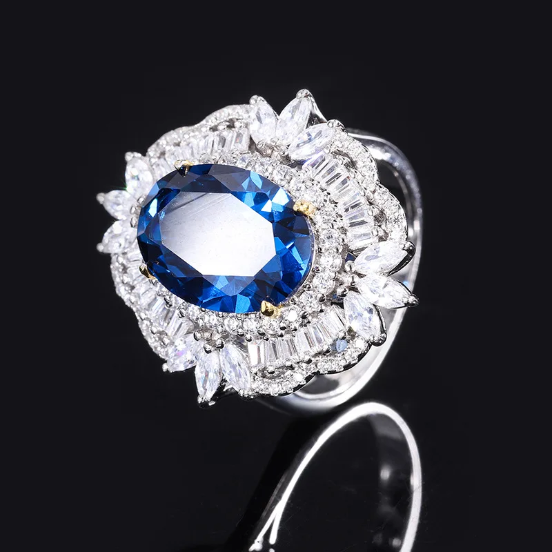 Jewelry S925 Silver Hot Sale Royal Blue Sapphire Vintage Style Pendant Ring Set Main Stone 10*14