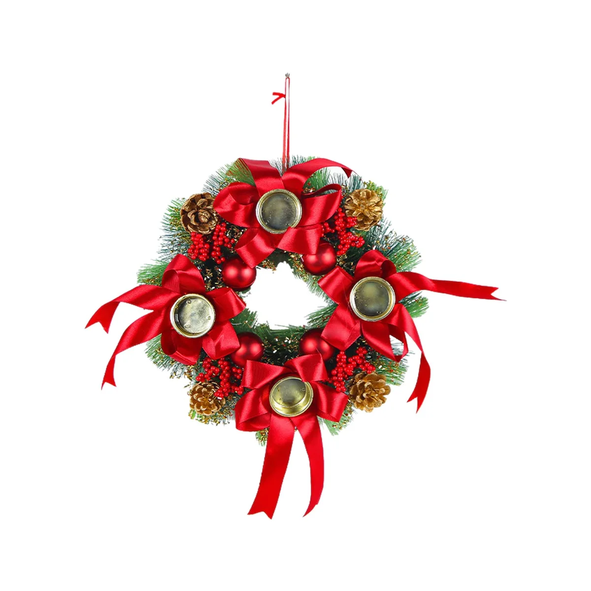 Artificial Christmas Candle Ring 30cm Faux Pine Wreath with Red Berries, Pine Cones & Bells for Table Centerpiece Decor