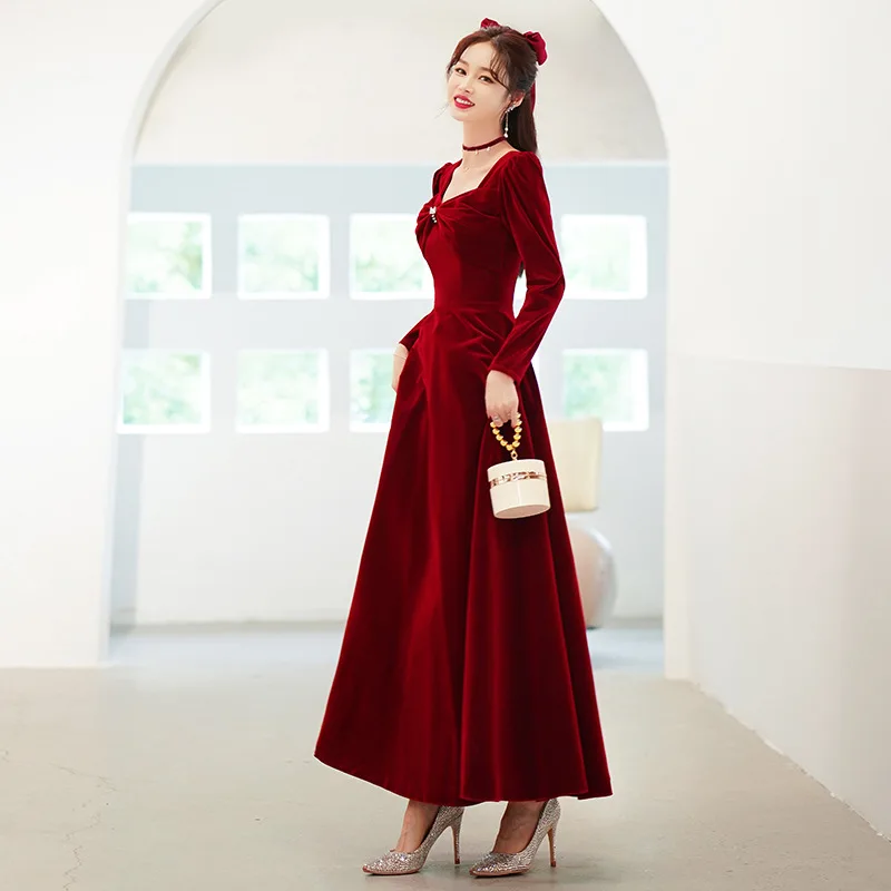 

Burgundy Elegant Square Collar Long Sleeve Velour Evening Dress Back Zipper Prom Gowns Cheongsam Robe De Soiree Vestidos