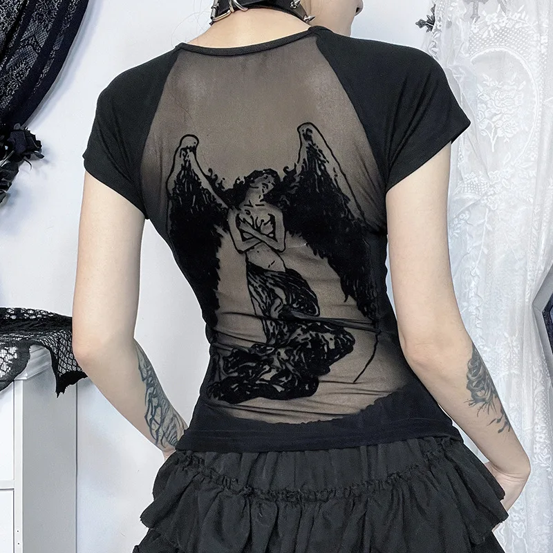 

Summer2025New Style Hot Girl Short Sleeve Dark Style Street Versatile Backless Flocked PrintTWomen's-shirt