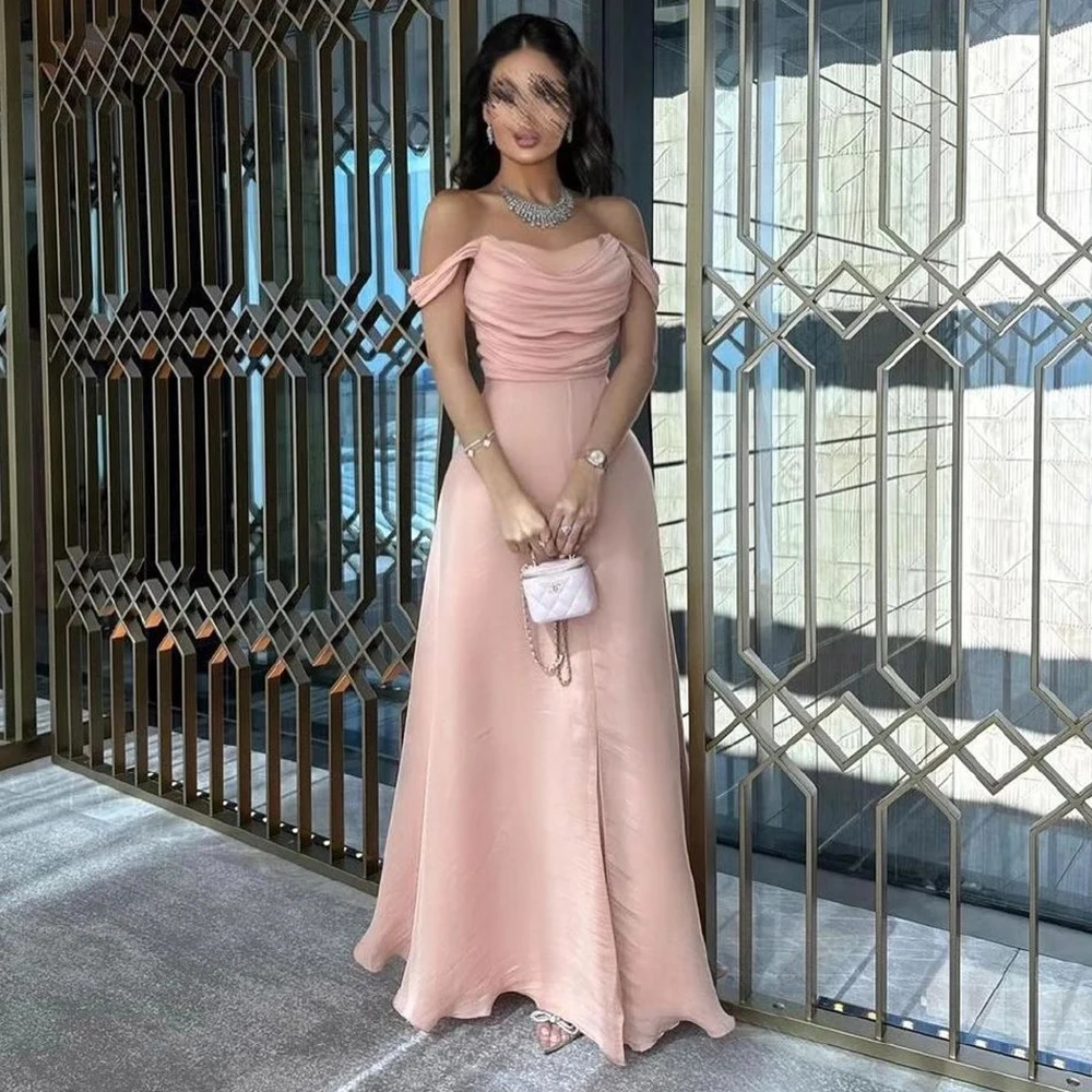 

Customized Elegant Satin Off the Shoulder Evening Dress Modern Strapless A-Line Short Sleeves Floor Length Vestidos De Fiesta