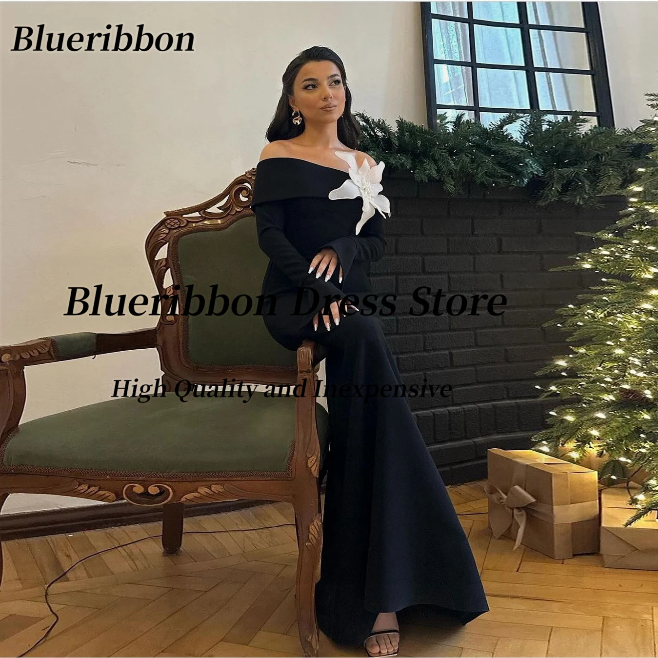 

Blueribbon Boat Neck Black Prom Dresses with Big Flower Long Sleeves Evening Gowns Zipper Back Celebrity Holiday Party Dress