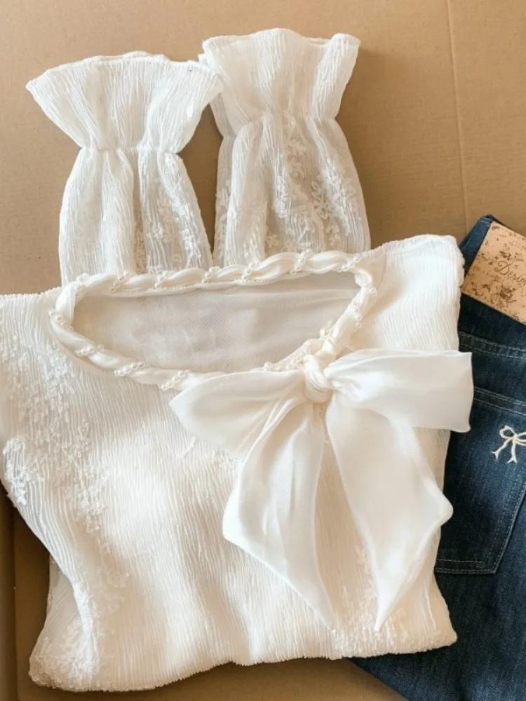 Elegant Ageless Embroidered Lace Pearl Chiffon Top Women Loose Slimming  Knot Belted Shirt Korean Style Long Sleeve