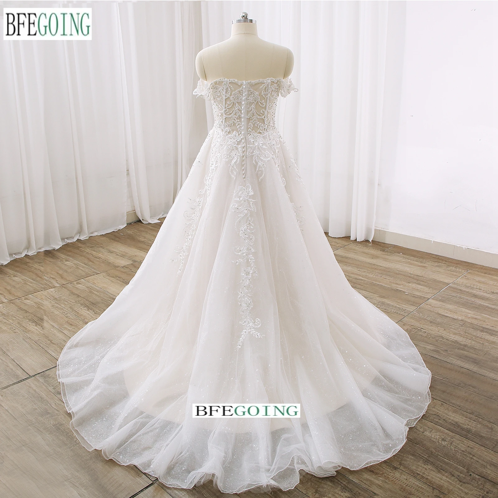 Ivory Organza A-Line Wedding Dresses Chapel Custom Made Sweetheart Bridal Gowns Off The Shoulder  Beading  Tulle