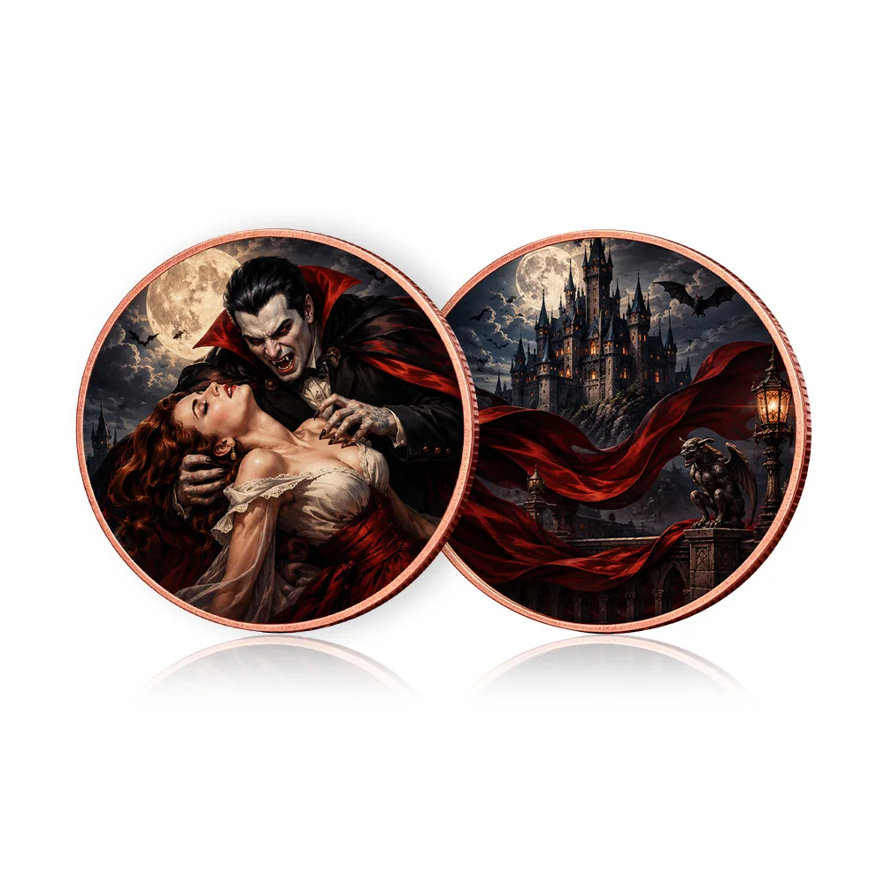 1 oz 999 Copper Coin Dracula Vampire Count Gothic Castle Full Moon Red Cape Double Sided Connected Challenge Coin for Collectors
