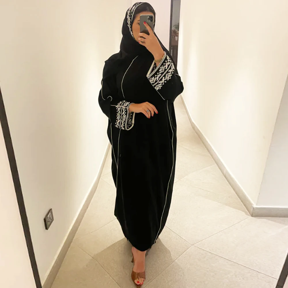 Muslim Hijab Abayas For Women Arab Ramandan Eid Black White Embroidery Open Modest Abaya Dubai  Kaftan Dresses Islamic Clothing