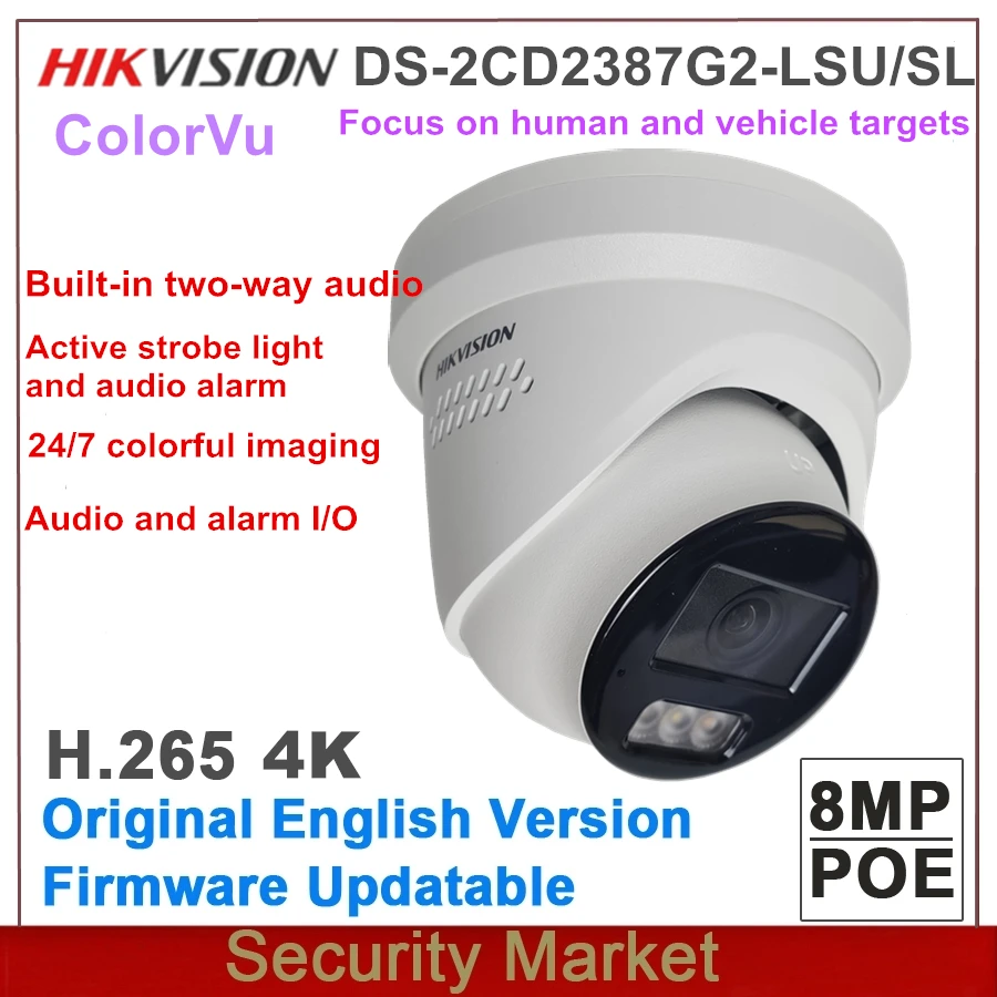 Original Hikvision DS-2CD2387G2-LSU/SL 8MP ColorVu Strobe Light and Audible Warning Built-in two-way AudioTurret Network Camera