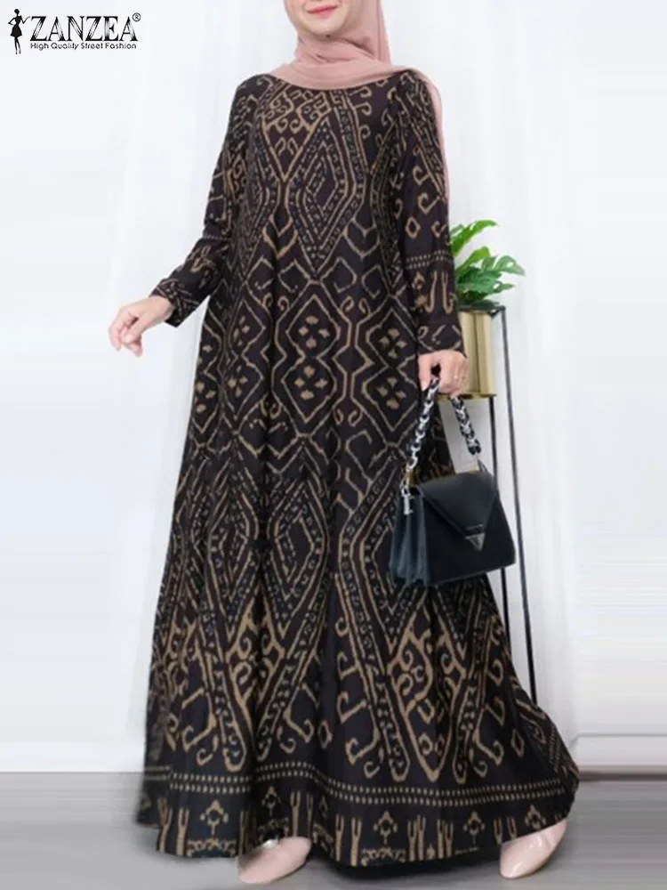 ZANZEA Elegant Long Sleeve Long Robe Kaftan Bohemian Loose Vintage Printing Holiday Dubai Vestido Casual Women Muslim Maxi Dress