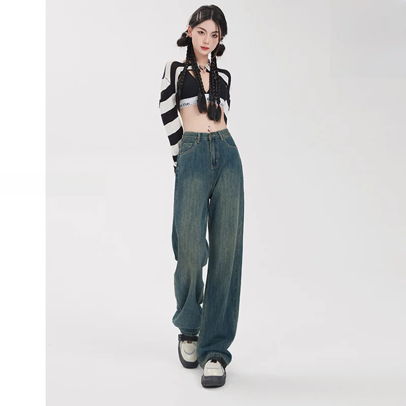 

Винтажные джинсы Offcat с высокой талией и широкими штанинами для женщин: новая дизайнерская коллекция, эффект стройности, драпировка, летняя коллекция, маленькие размеры