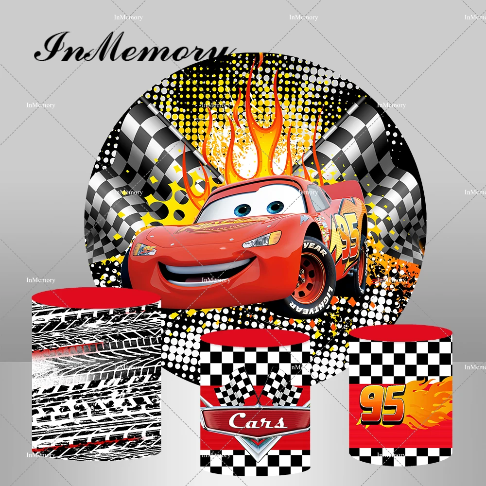 

Cartoon Movie Racing Cars Theme Round Circle Backdrop For Boys Birthday Party Backgrounds Racing Flag Pedestal Covers Supplier