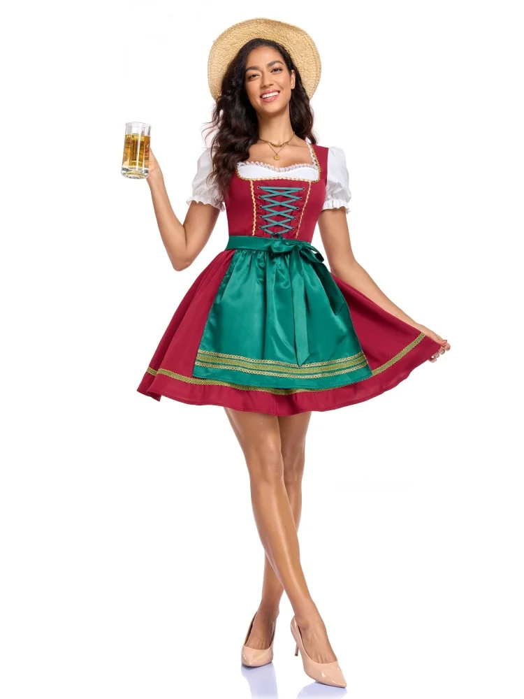 Damen Oktoberfest Puffärmel-Kleid Bayerisches Dirndl Grünes Satin-Schürzen-Outfit Festival Karneval Party Kostüm 2026 – Detail 9