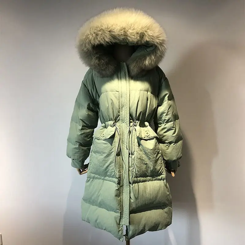 Loose Parka Down Jacket Women Medium Long Thickened Over Knee Large Fur Collar Waist Closing New Outdoor Trekking Travel Coat