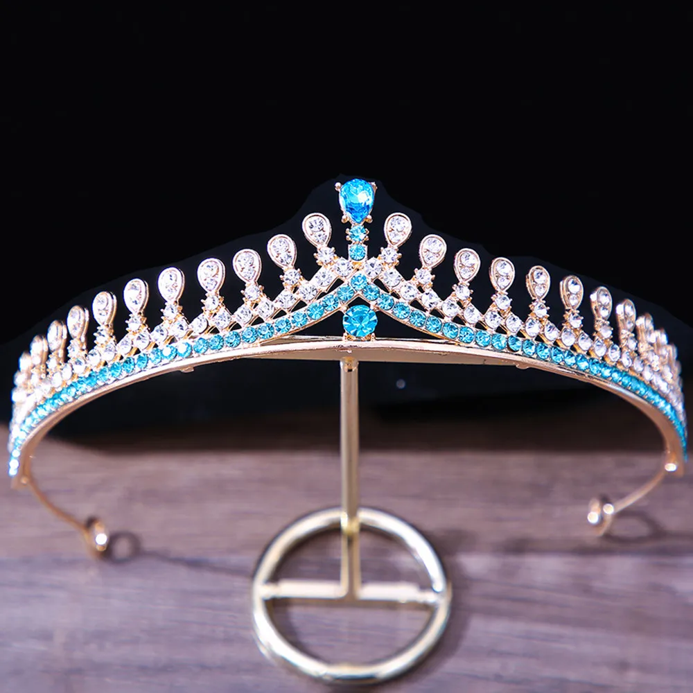 DIEZI Elegant Girls Princess Bridal Crown Sky Blue Crystal Tiara For Women 7 Colors Rhinestone Crown Hair Accessories Jewelry