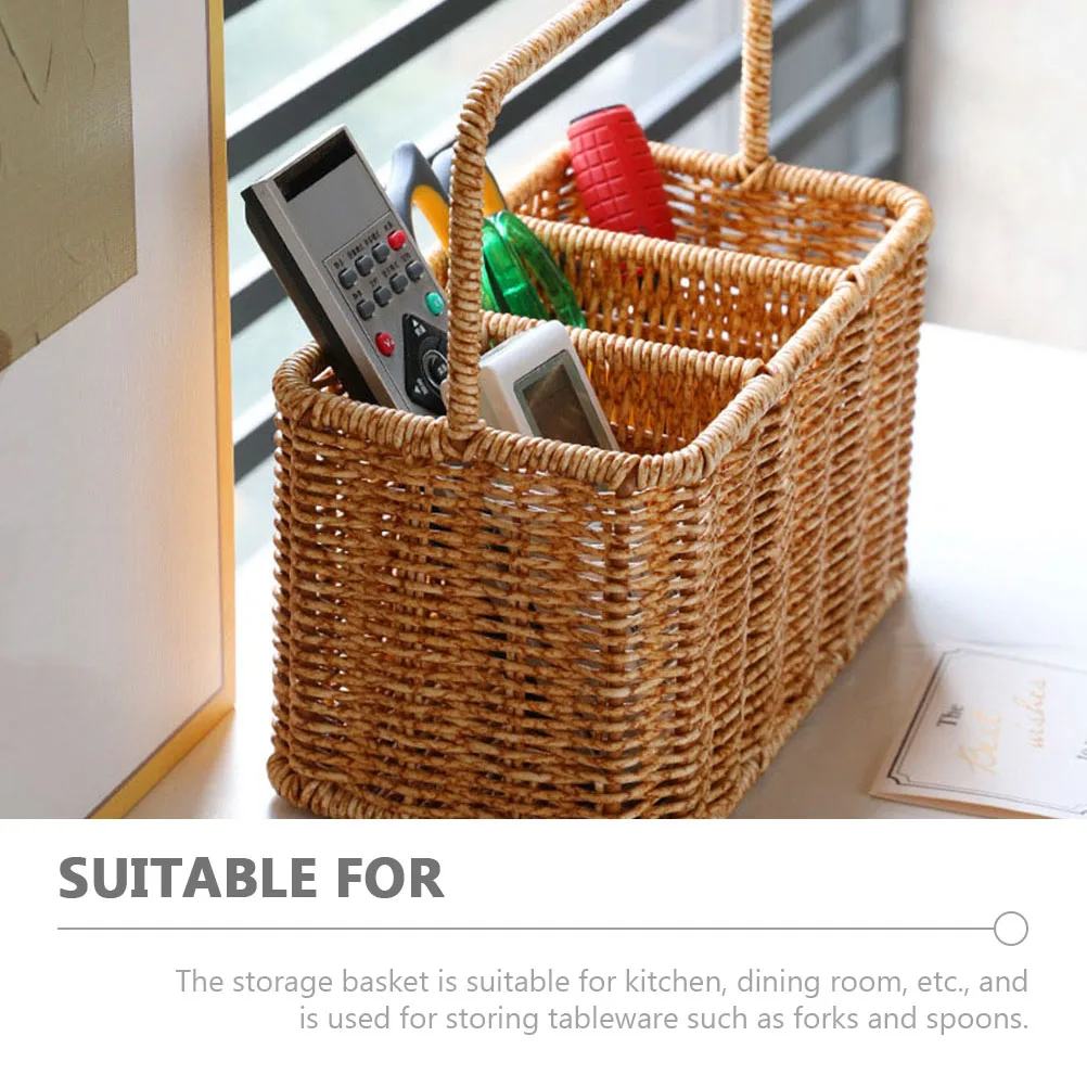 

Kitchen Storage Box Color Woven Plastic Rattan Cutlery Organizer Large Basket Divided Handheld for Countertop Spoon Fork