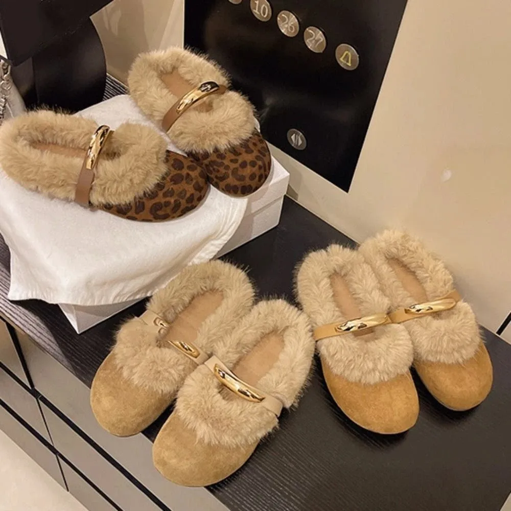 

Simple Suede Leopard Print Warm Slippers Soft Round Head Coral Fleece Slippers Thick Bottom Casual Retro Winter Shoes Outdoor
