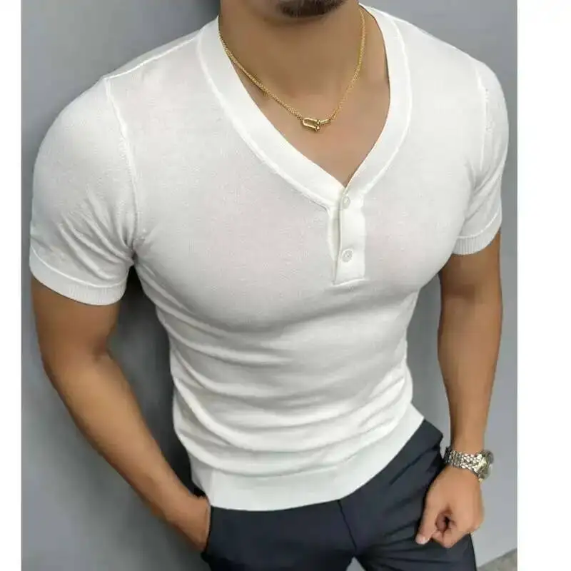 

2023 Knitted Short Sleeved T-shirt Men Summer Streetwear Korean Solid Color Top Camisa Masculina Tee Shirt Homme Multicolor