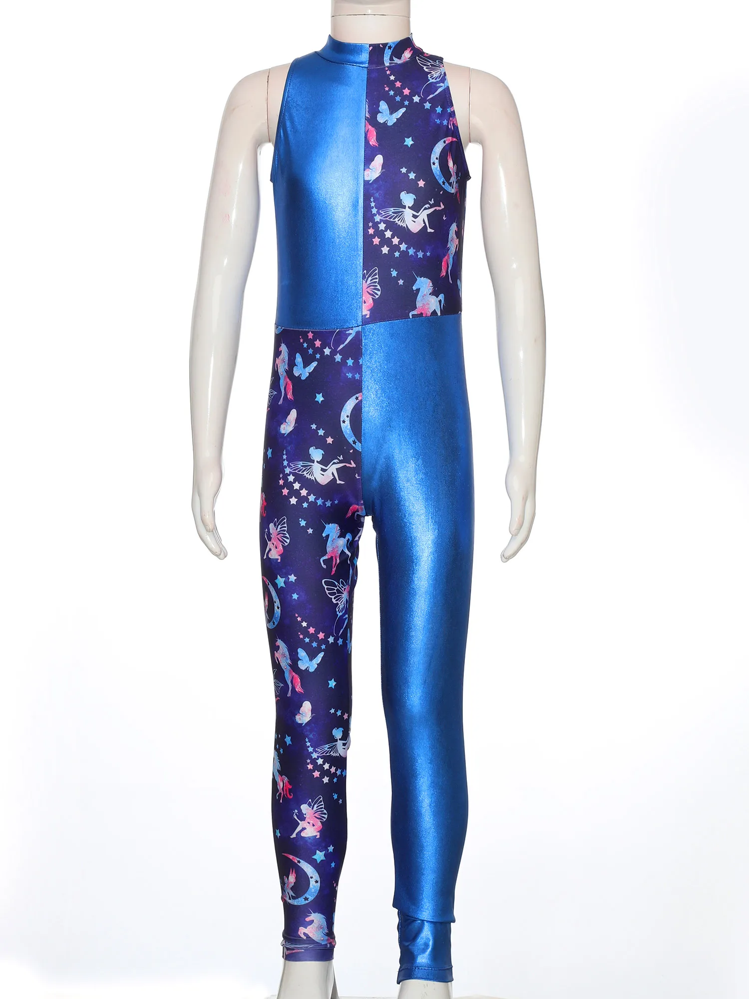 Kids Girls Sleeveless Print Unitards Gymnastic Skating Dance Yoga Sport Costumes One-piece Stretchy Patchwork Leotard Bodysuit