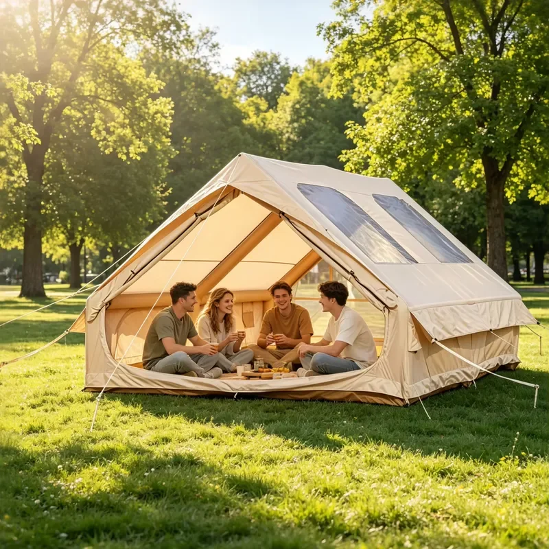 Huge 12㎡ Inflatable Glamping Tent for 6-8 Person, 300D Oxford Ridge Air Tent with 2 Doors & 2 Windows, Quick Setup