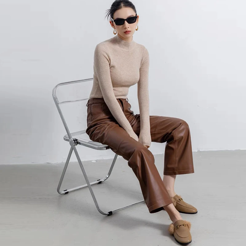 Vintage Sheepskin Wide-leg Straight Leather Pants Women Drape Casual Genuine Leather Trousers Mopping Pants Female 2024 New