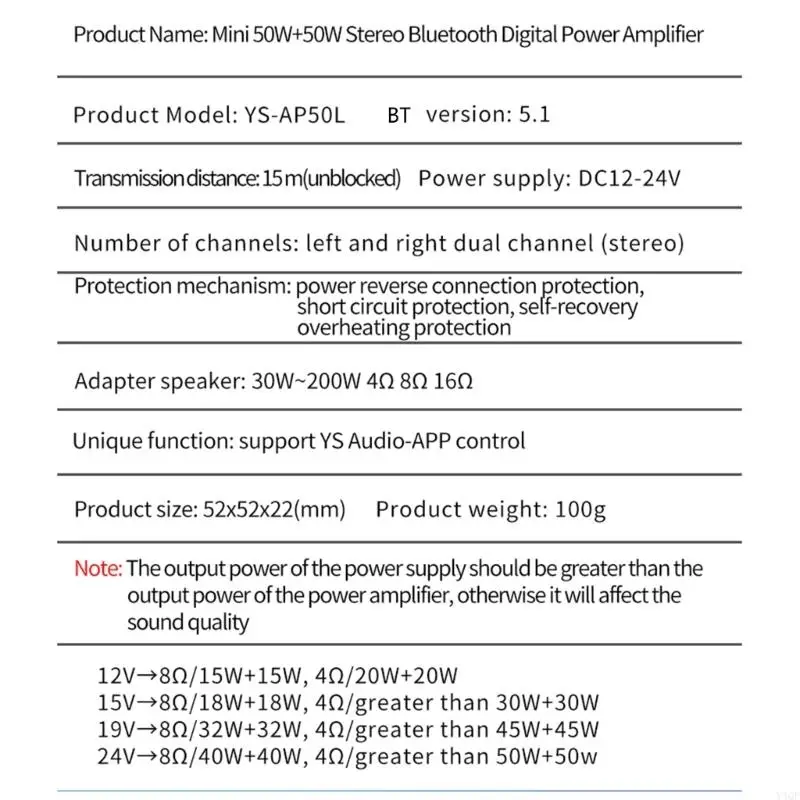 Y4QF YS-AP50L Mini tương thích 5.0 50W+50W Bộ khuếch đại công suất âm thanh