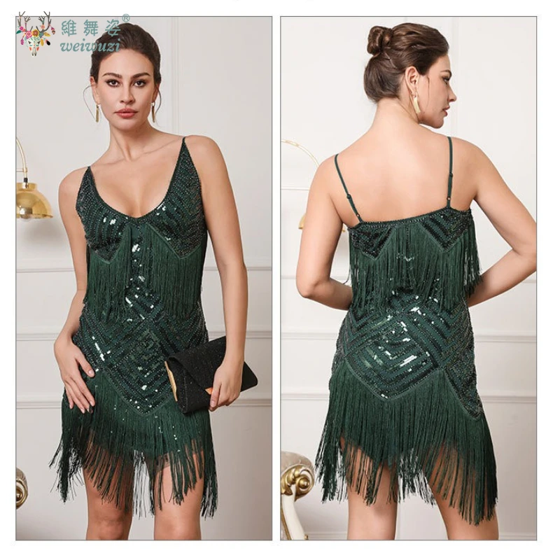 ملهى ليلي ريترو مثير المنخفضة قطع العميق الخامس الرقبة الحمالة الترتر شرابة فستان عاطفي وغير المقيد كوكتيل حفلة ثوب مسائي