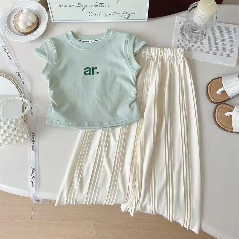 

2-8 Years Girl's Suit 2025 Summer Children's Letter T-shirt + Loose Trousers Female Baby Leisure Two-piece Set 90-140cm