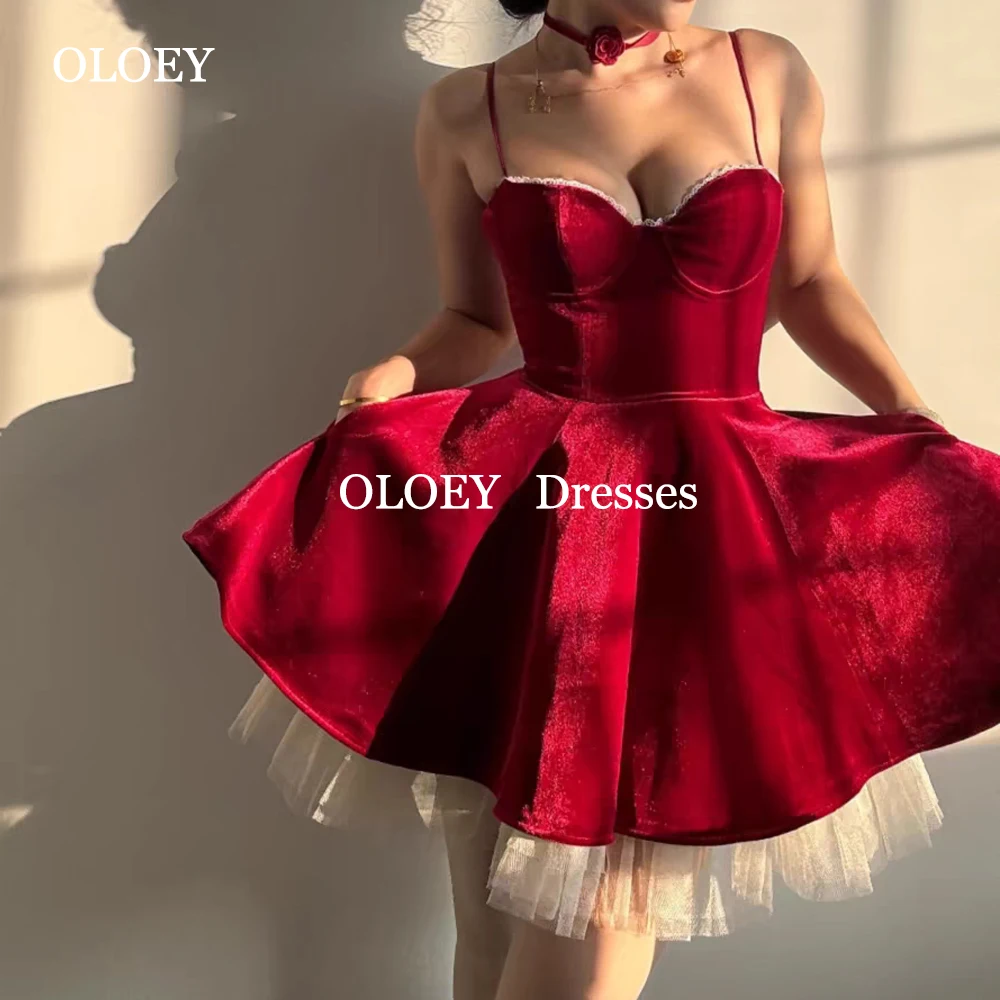 

OLOEY Sexy Wine Red Puffy Short Prom Cocktail Dresses Spaghetti Straps Velour Mini Wedding Party Gowns A Line Customized